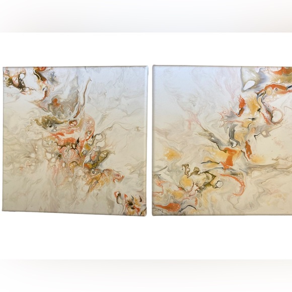 Set of two abstract acrylic pour sets acrylic blow out metallic - Picture 10 of 12